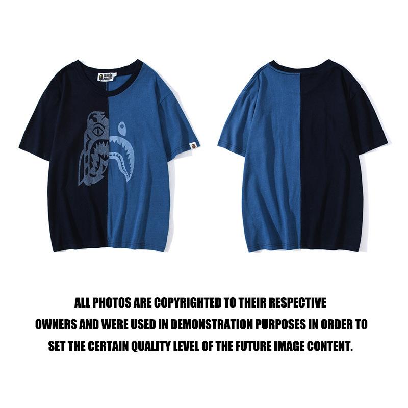 Bathing Ape T-Shirt Tiger Head Shark Head Stitching Denim Color Short Sleeve T-shirt