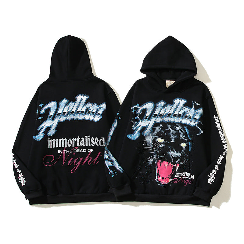 Hellstar Hoodie Black Panther Print Loose Casual